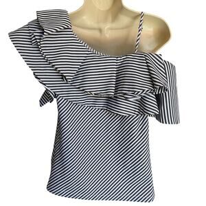 AQUA One-Shoulder Tiered Ruffle Blouse - Structured Nautical Stripe Blue White M